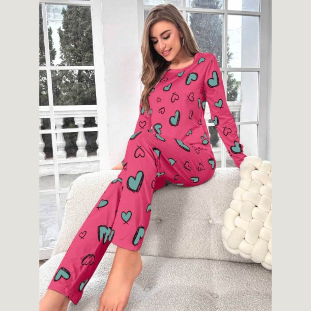 Shocking Pink with Multi Greens Printed Full Sleeves T-Shirt with Hearts Printed Pajama (CN-PNW-040)