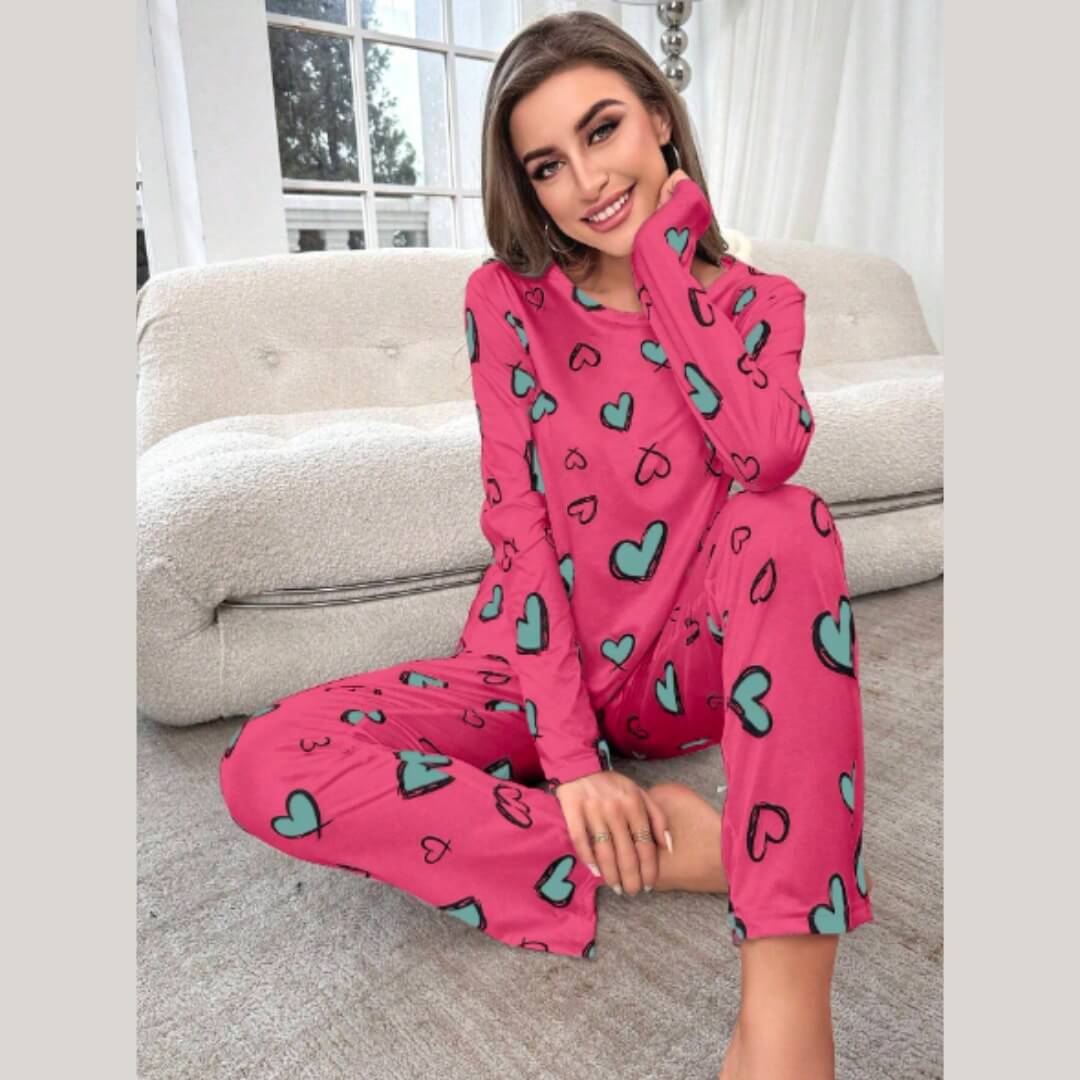 Shocking Pink with Multi Greens Printed Full Sleeves T-Shirt with Hearts Printed Pajama (CN-PNW-040)