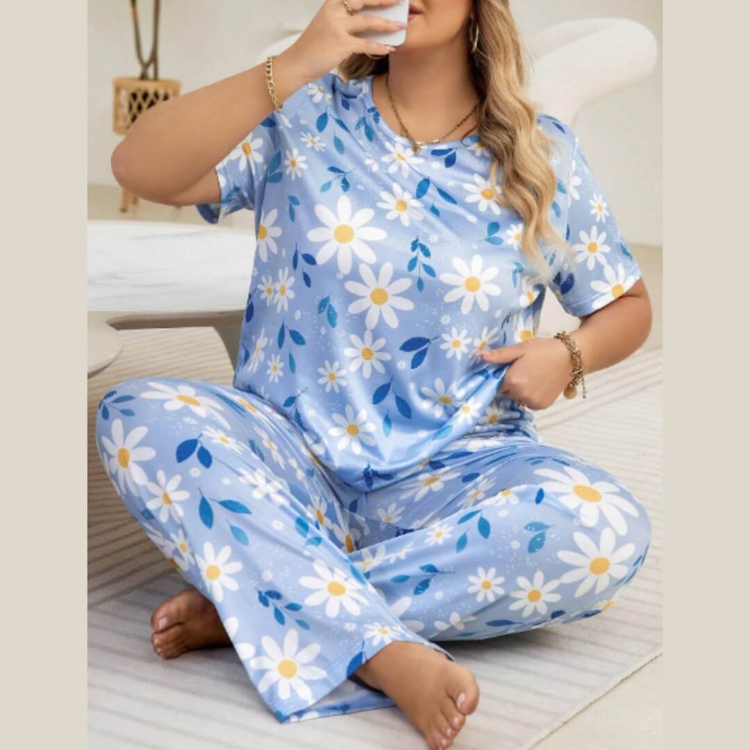 Ice Blue Floral Printed Half Sleeves T-Shirt with Floral Printed Pajama (CN-PNW-042)