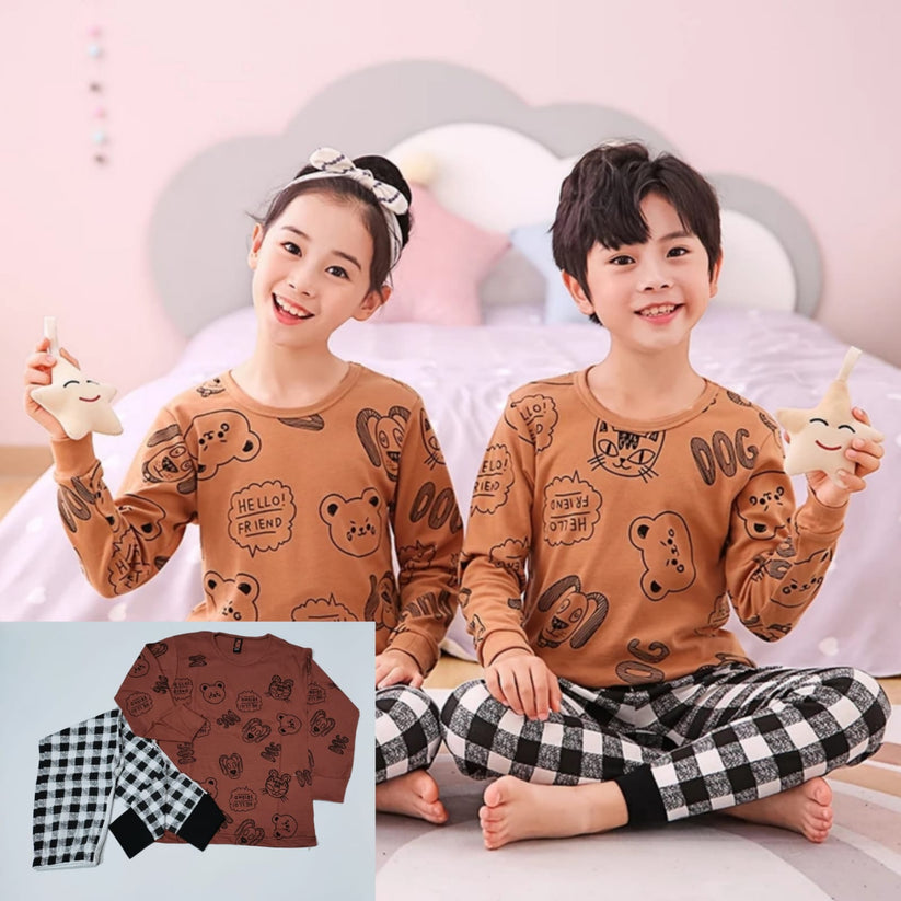 Brown Dog Dog Printed with Cheq Printed Full Sleeves Suit For Kids ( CN-KPS-001 )