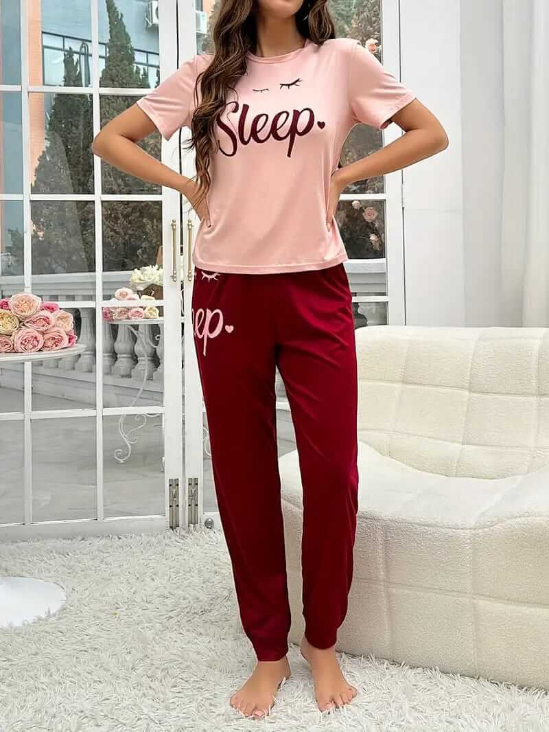 T-Pink Sleep Printed Half Sleeves T-Shirt with Maroon Sleep Printed Pajama (CN-PNW-041)