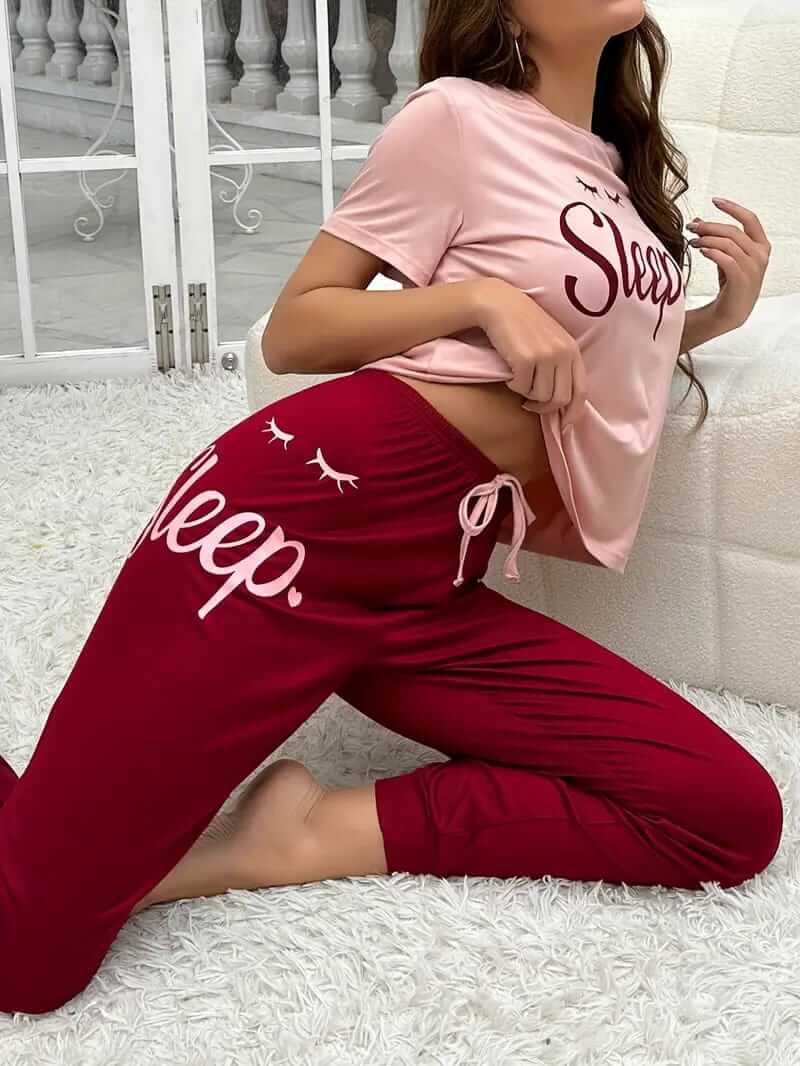 T-Pink Sleep Printed Half Sleeves T-Shirt with Maroon Sleep Printed Pajama (CN-PNW-041)