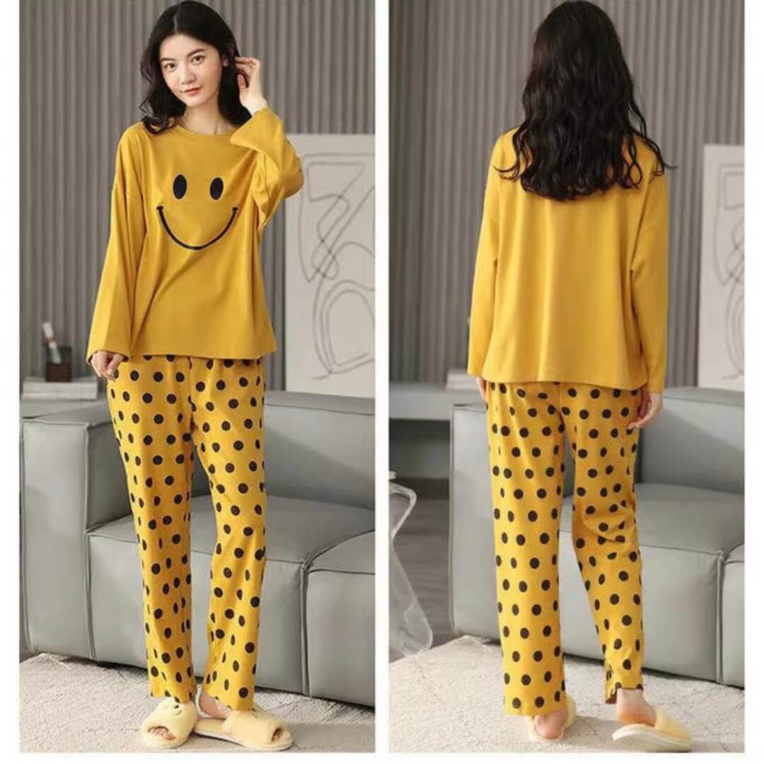 Yellow Smiley Printed Full Sleeves T-Shirt with Yellow Dot Printed Pajama (CN-PNW-004)
