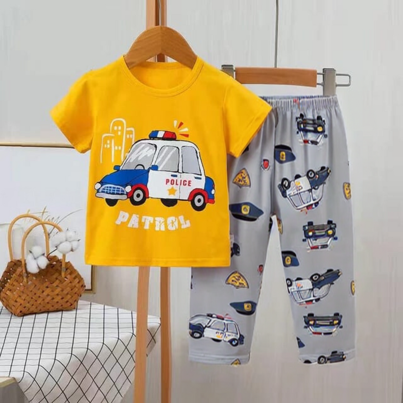 Yellow Petrol Police with Cars Printed Half Sleeves Suit For Kids ( CN-KPS-021 )