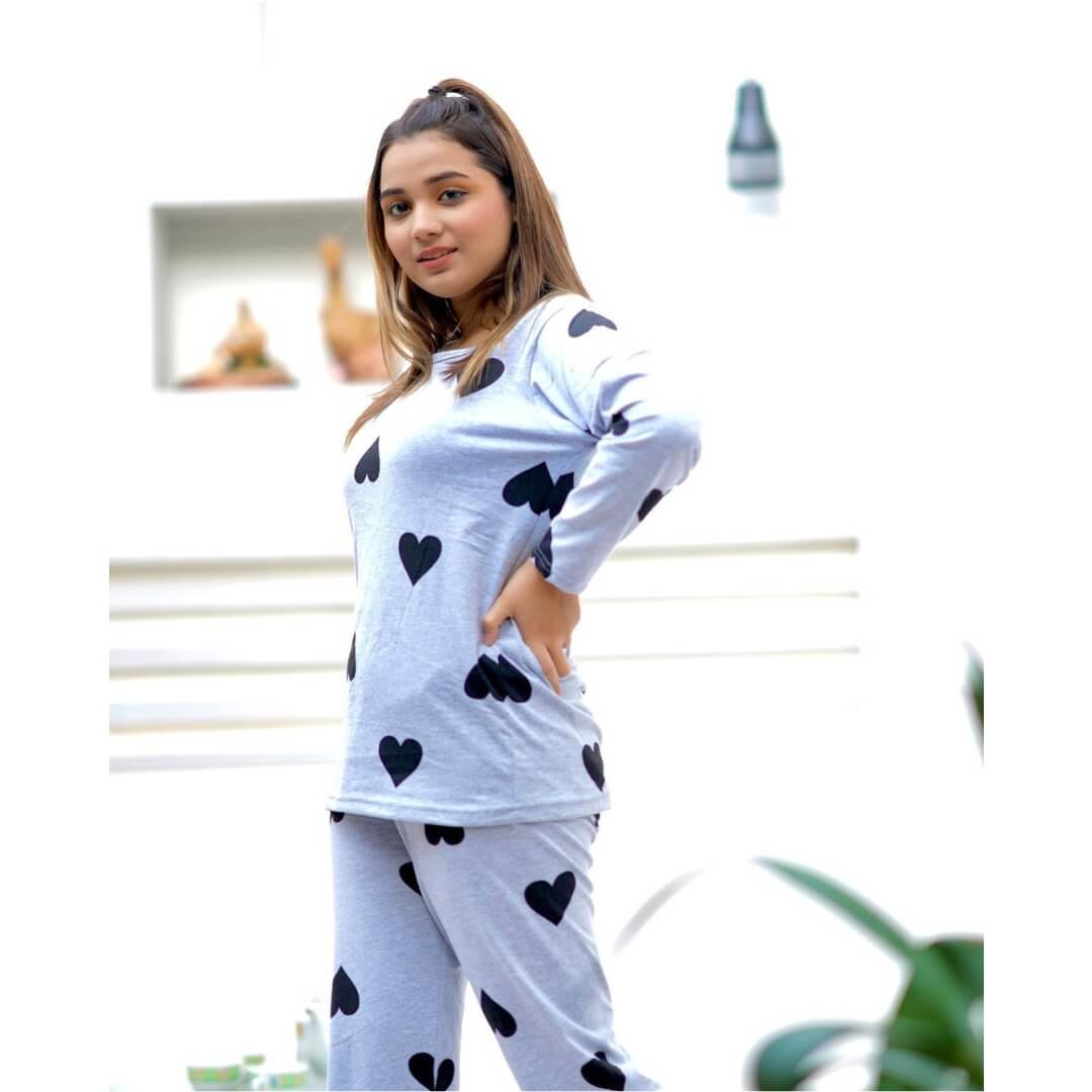 Grey with Black Hearts Printed Full Sleeves T-Shirt with Grey with Black Hearts Printed Pajama (CN-PNW-007)