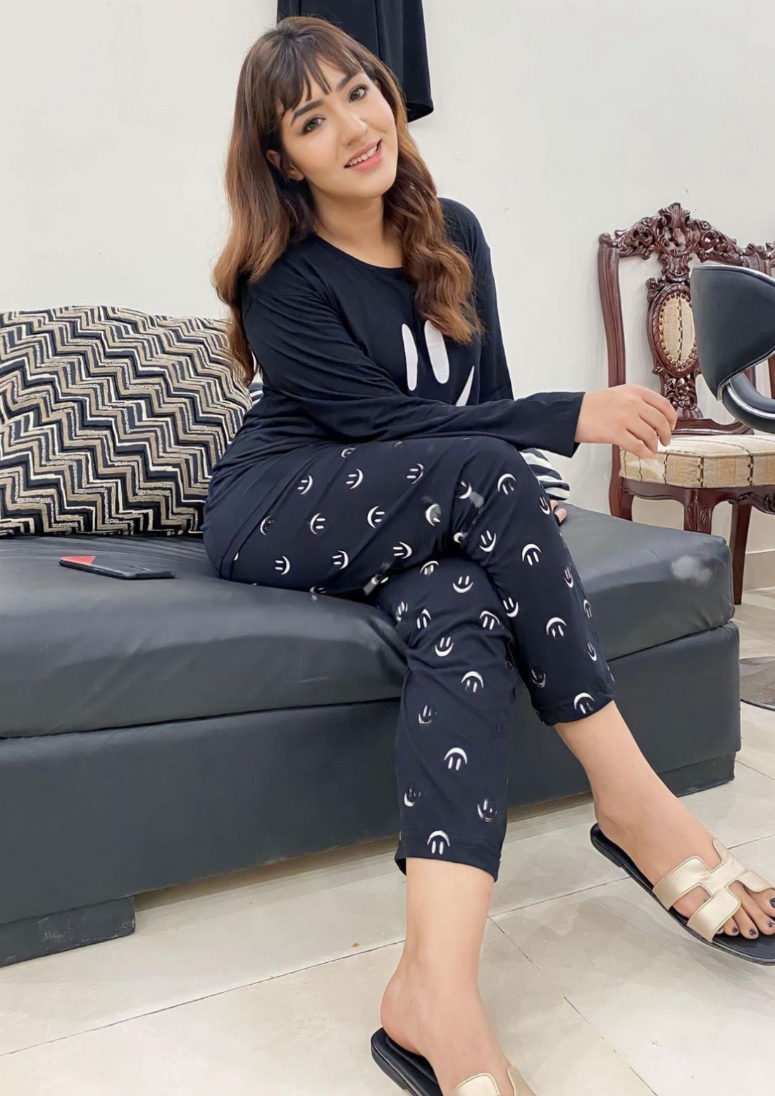 Black Smiley Printed Full Sleeves T-Shirt with Black Smiley Printed Pajama (CN-PNW-002)