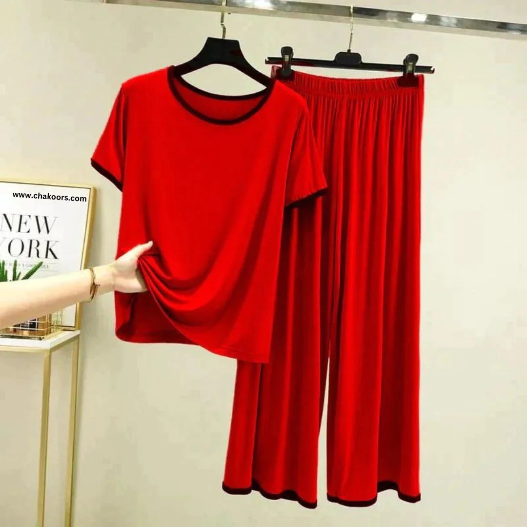 Red with Black Piping Style Half Sleeve T-Shirt with Palazzo Pajama (CN-NW-013)