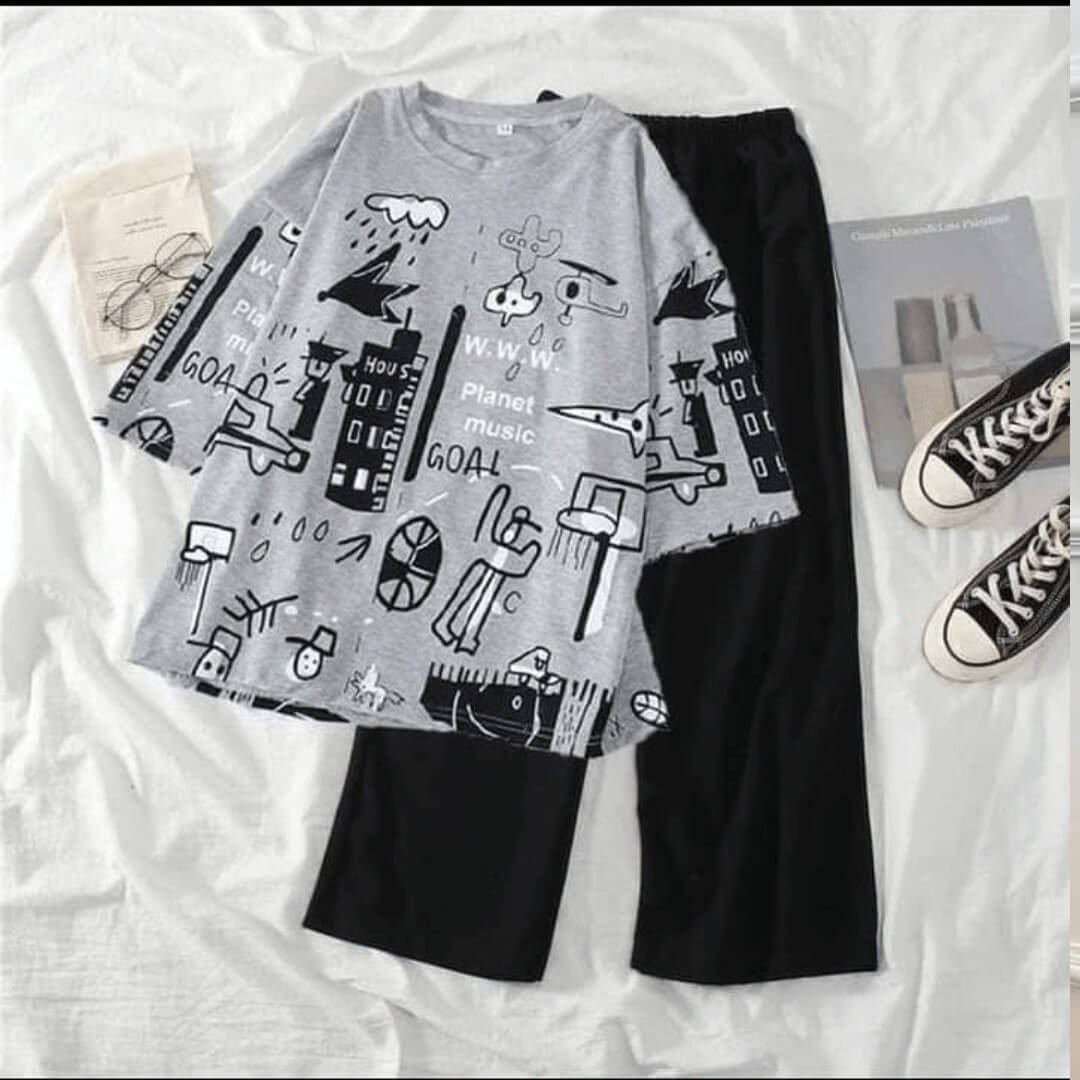 Grey Oversize Multi Printed Half Sleeves T-Shirt with Black Pajama (CN-PNW-032)