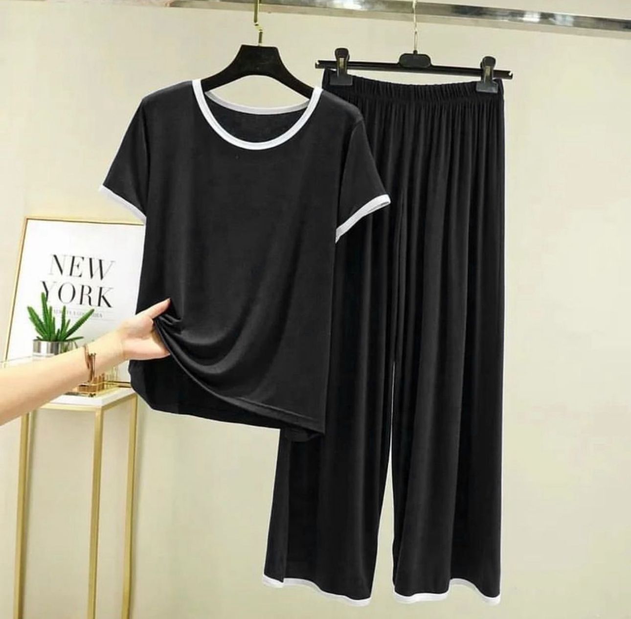 Black with White Piping Style Half Sleeve T-Shirt with Palazzo Pajama (CN-NW-019)