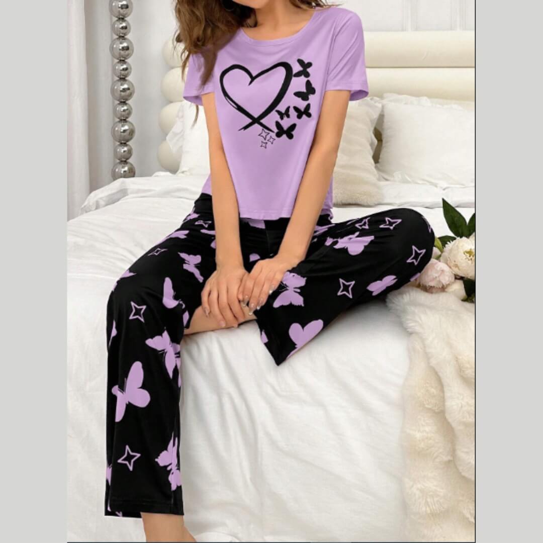 Lilac with Black Heart Butterflies Printed Half Sleeves T-Shirt with Lilac Butterflies Printed Pajama (CN-PNW-029)