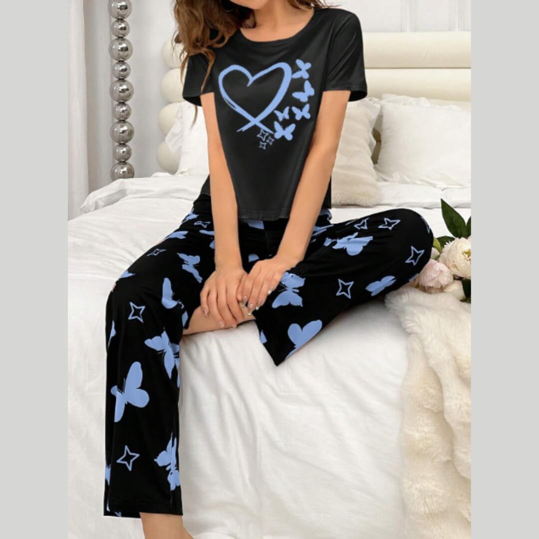 Black with Blue Heart Butterflies Printed Half Sleeves T-Shirt with Blue Butterflies Printed Pajama (CN-PNW-030)