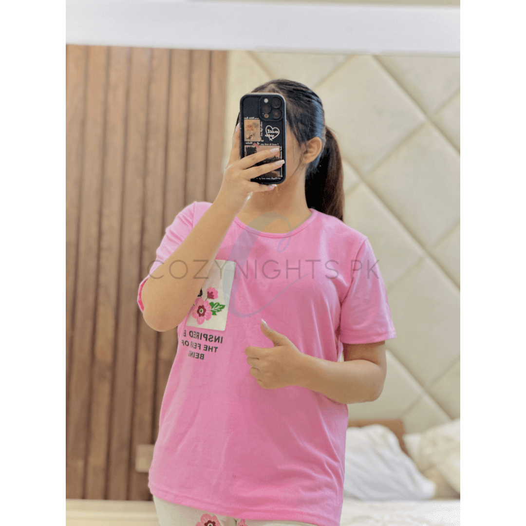 Baby Pink Floral Pocket Printed Half Sleeves T-Shirt with White Floral Printed Pajama (CN-PNW-038)