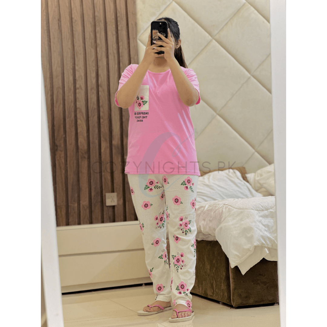 Baby Pink Floral Pocket Printed Half Sleeves T-Shirt with White Floral Printed Pajama (CN-PNW-038)