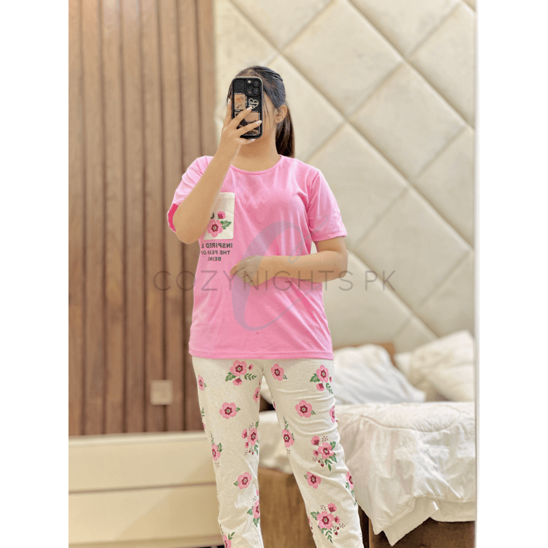 Baby Pink Floral Pocket Printed Half Sleeves T-Shirt with White Floral Printed Pajama (CN-PNW-038)