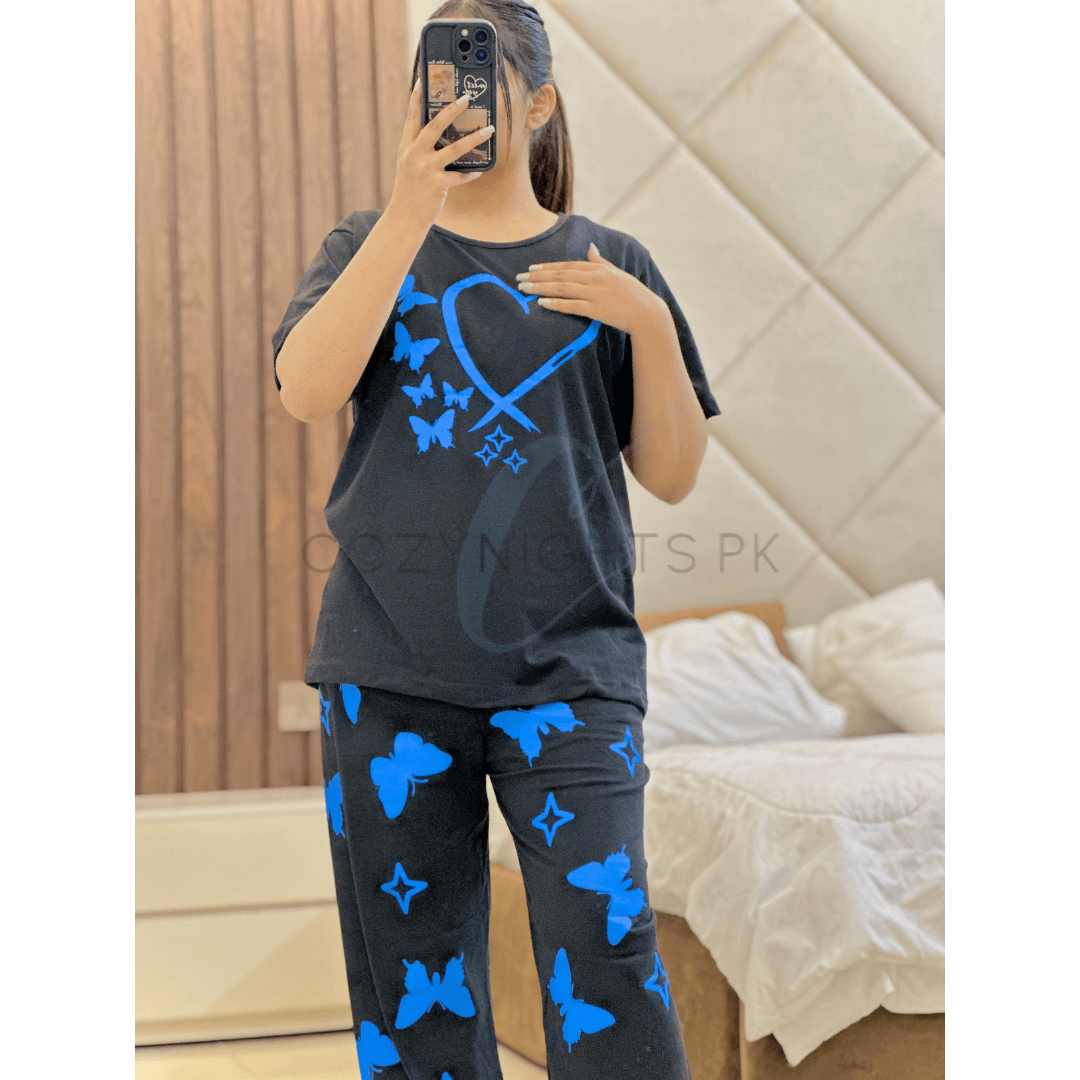 Black with Blue Heart Butterflies Printed Half Sleeves T-Shirt with Blue Butterflies Printed Pajama (CN-PNW-030)
