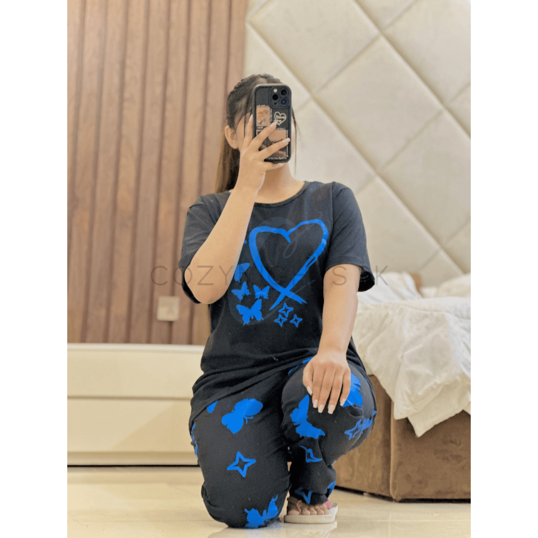 Black with Blue Heart Butterflies Printed Half Sleeves T-Shirt with Blue Butterflies Printed Pajama (CN-PNW-030)