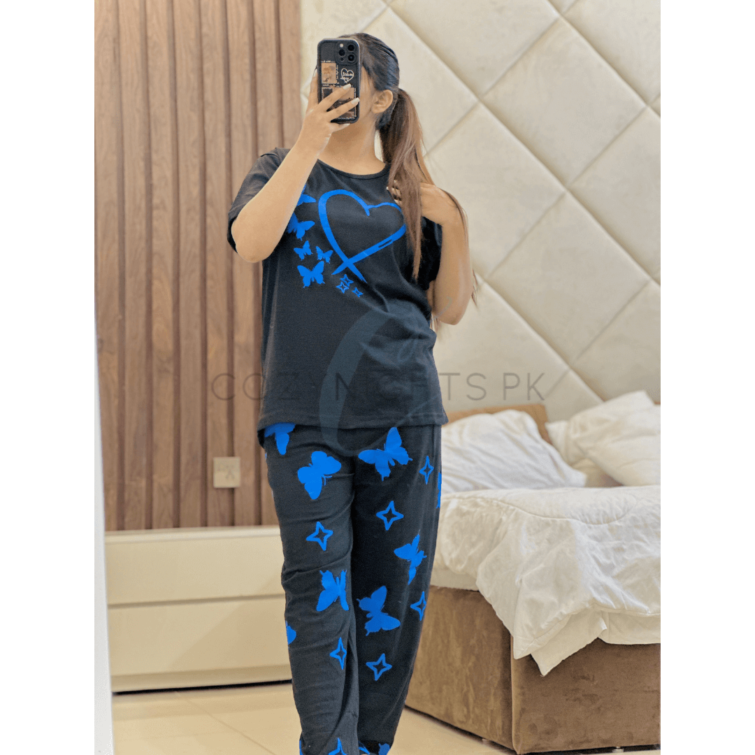 Black with Blue Heart Butterflies Printed Half Sleeves T-Shirt with Blue Butterflies Printed Pajama (CN-PNW-030)