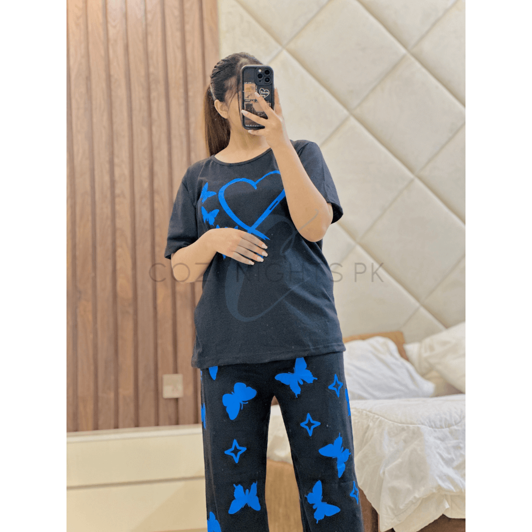 Black with Blue Heart Butterflies Printed Half Sleeves T-Shirt with Blue Butterflies Printed Pajama (CN-PNW-030)