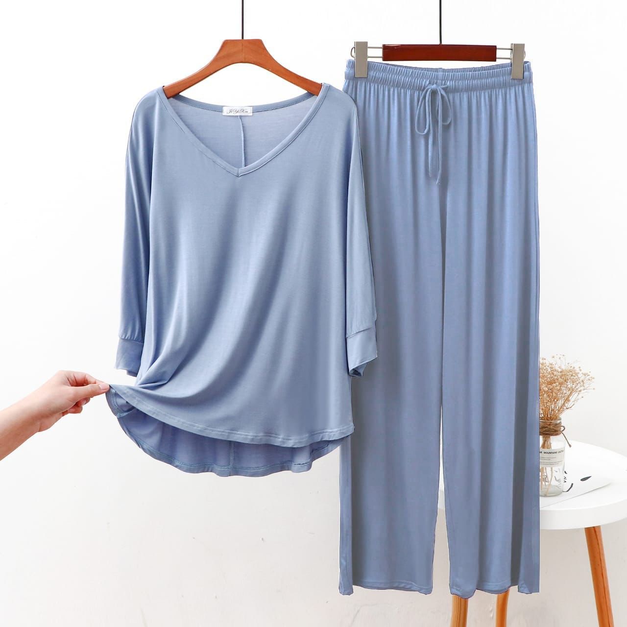 Sky Blue V-Neck Style Shirt with Sky Blue Pajama (CN-NW-009)