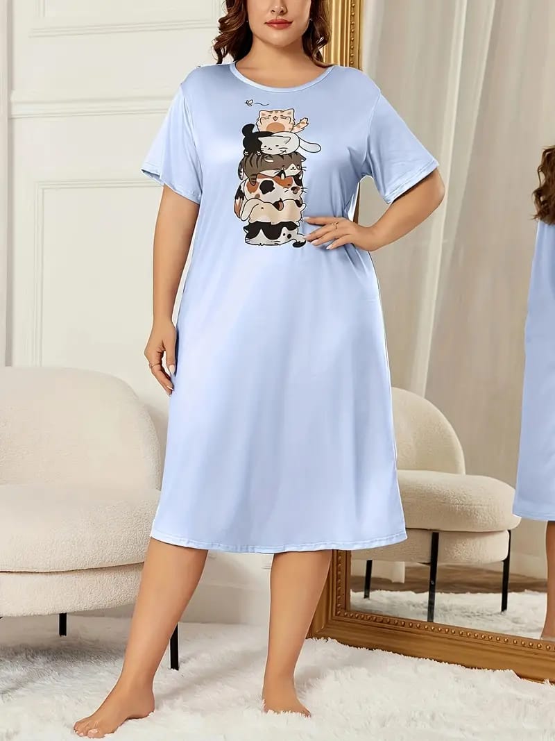 Ice Blue Happy Cats Printed Long Tee ( CN-LPT-012 )