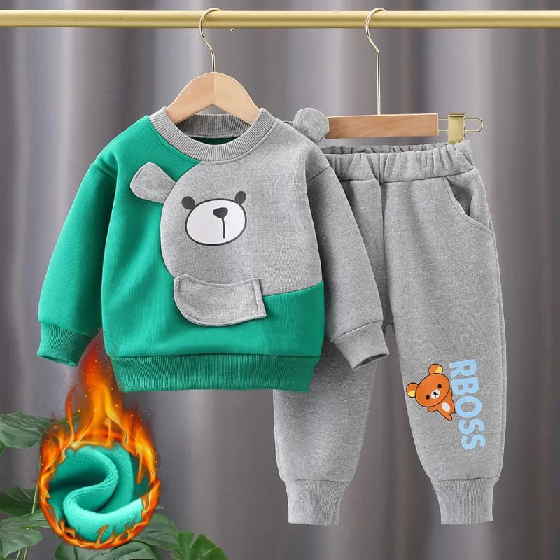 Green with Grey Bear Printed Sweatshirt with Grey Printed Trouser For Kids ( CN-KTS-008 )