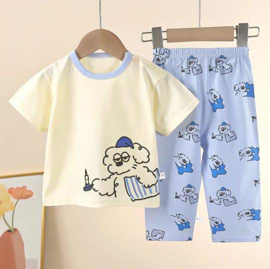 Off White Sleepy Puppy with Ice Blue Printed Half Sleeves Suit For Kids ( CN-KPS-027 )