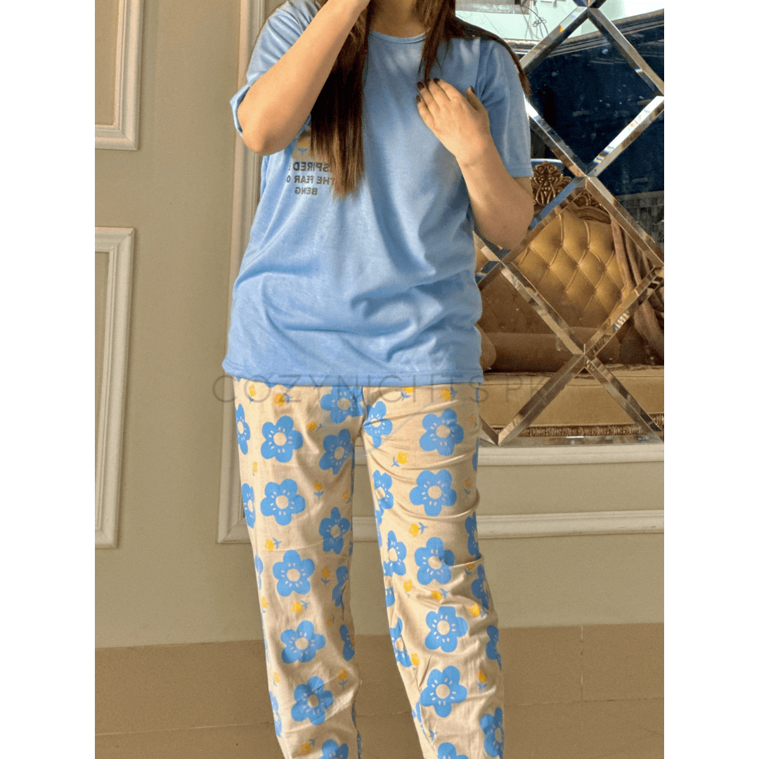 Ice Blue Floral Pocket Printed Half Sleeves T-Shirt with White Floral Printed Pajama (CN-PNW-039)