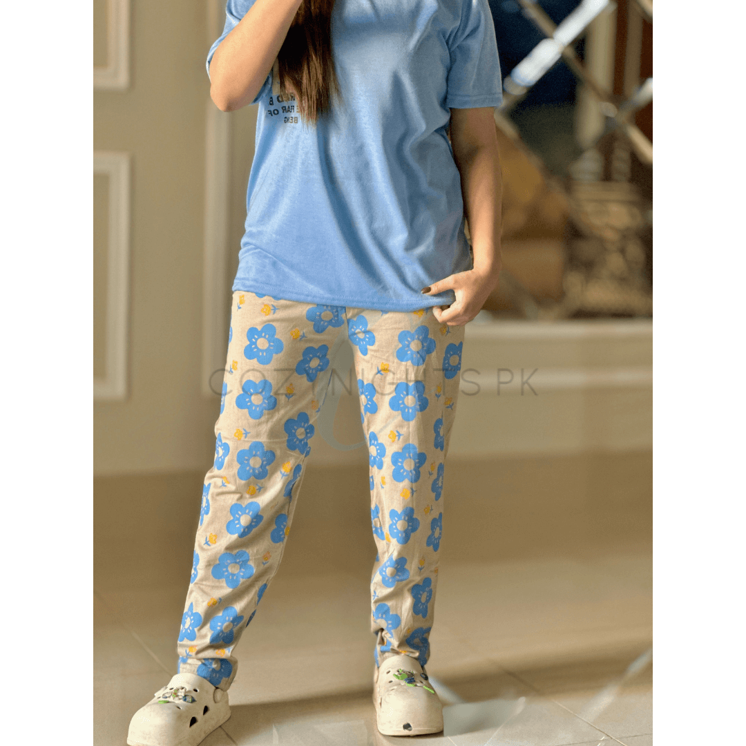 Ice Blue Floral Pocket Printed Half Sleeves T-Shirt with White Floral Printed Pajama (CN-PNW-039)