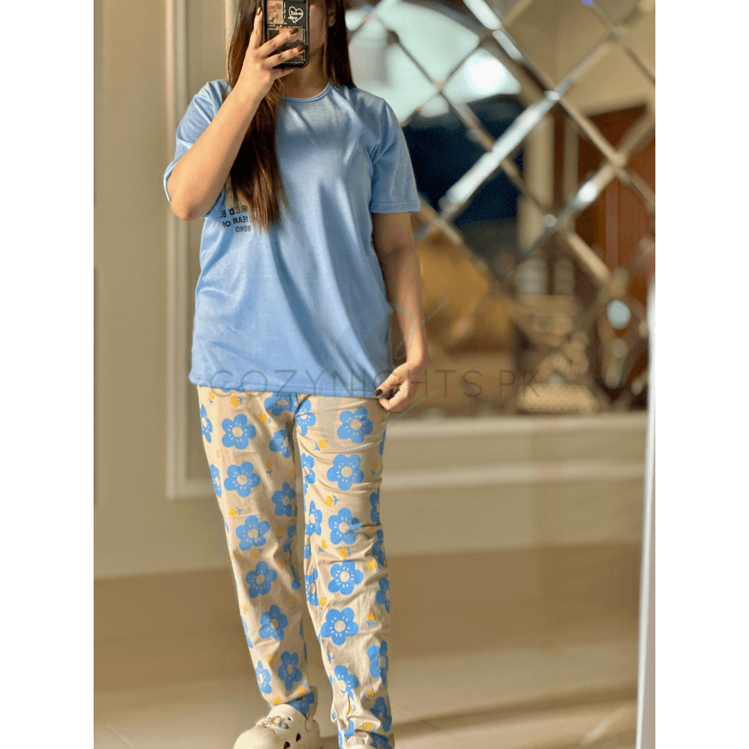 Ice Blue Floral Pocket Printed Half Sleeves T-Shirt with White Floral Printed Pajama (CN-PNW-039)