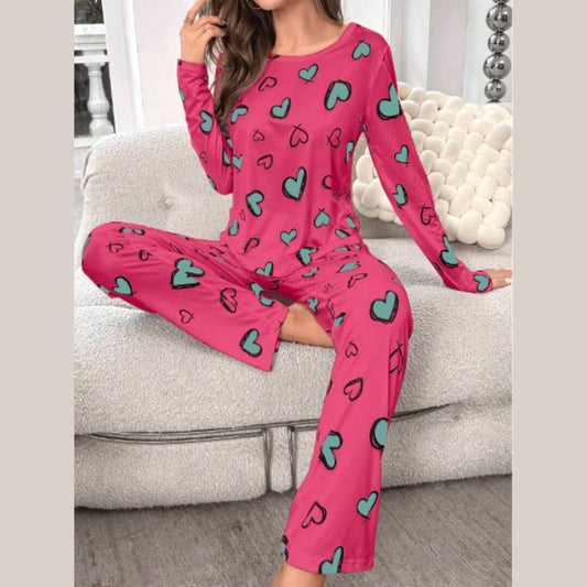 Shocking Pink with Multi Greens Printed Full Sleeves T-Shirt with Hearts Printed Pajama (CN-PNW-040)