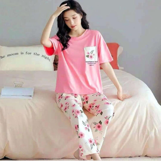 Baby Pink Floral Pocket Printed Half Sleeves T-Shirt with White Floral Printed Pajama (CN-PNW-038)