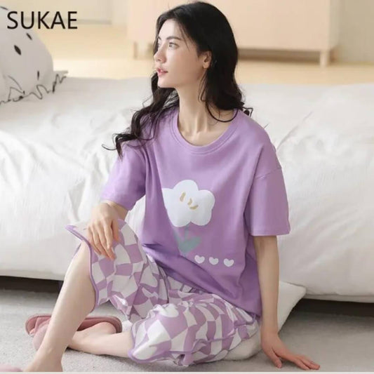 Lilac Flower Hearts Printed Half Sleeves T-Shirt with Square Printed Pajama (CN-PNW-036)