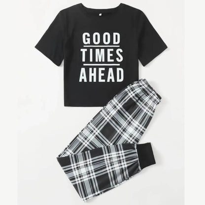 Black Good Times Ahead Printed Half Sleeves T-Shirt with Cheq Printed Pajama (CN-PNW-020)