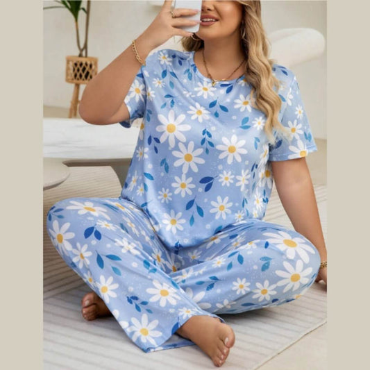 Ice Blue Floral Printed Half Sleeves T-Shirt with Floral Printed Pajama (CN-PNW-042)
