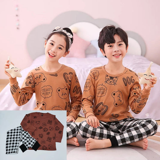 Brown Dog Dog Printed with Cheq Printed Full Sleeves Suit For Kids ( CN-KPS-001 )
