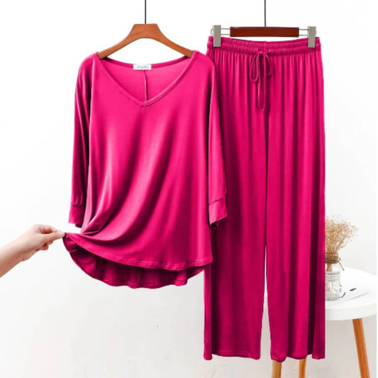Shocking Pink V-Neck Style Shirt with Shocking Pink Pajama (CN-NW-003)