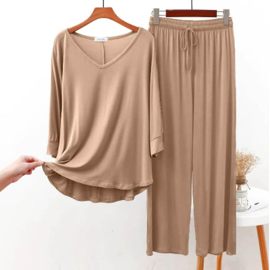Beige V-Neck Style Shirt with Beige Pajama (CN-NW-002)
