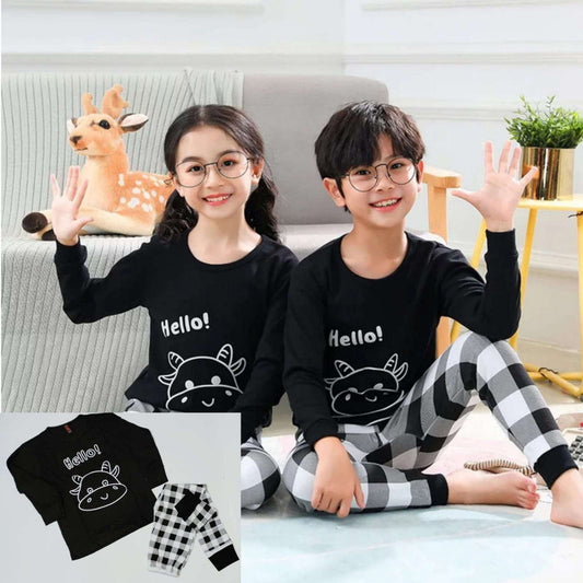 Black Hello Cow with Cheq Printed Full Sleeves Suit For Kids ( CN-KPS-003 )