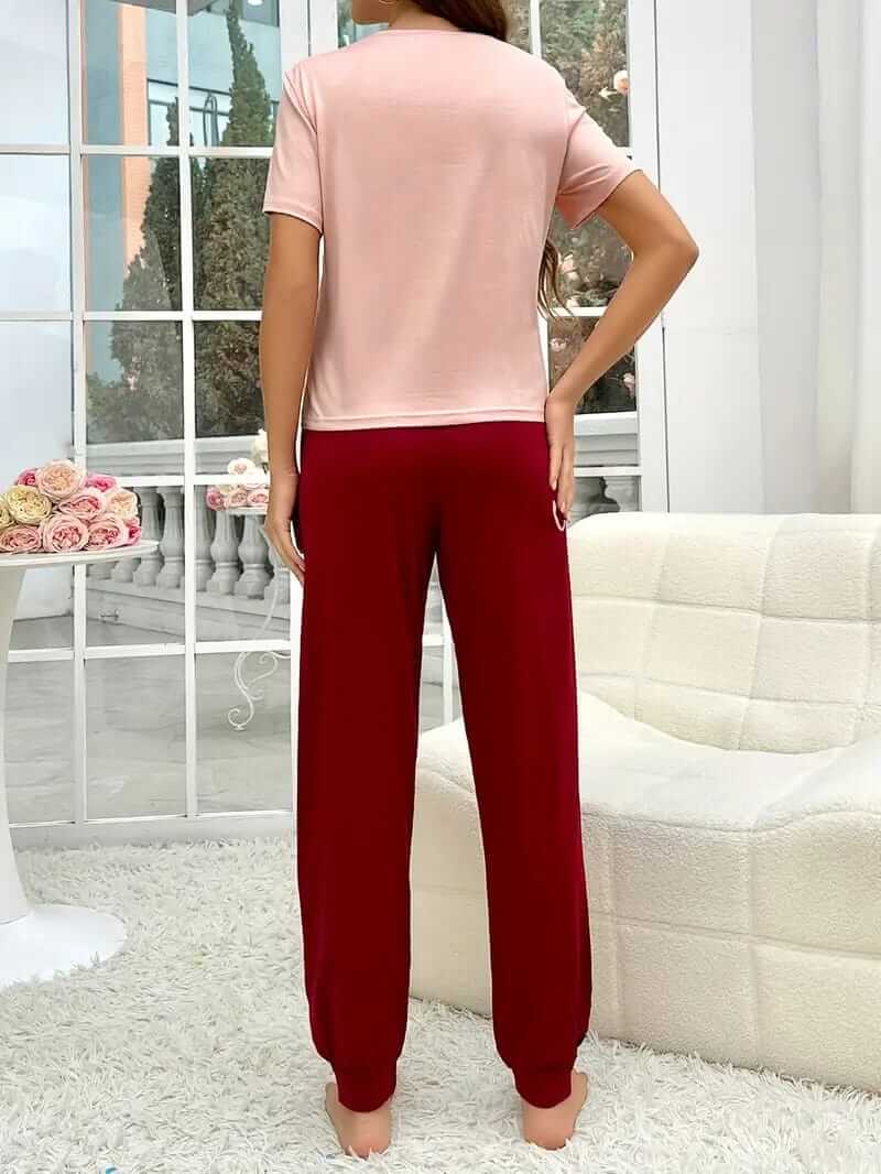 T-Pink Sleep Printed Half Sleeves T-Shirt with Maroon Sleep Printed Pajama (CN-PNW-041)