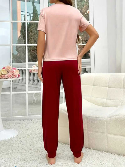 T-Pink Sleep Printed Half Sleeves T-Shirt with Maroon Sleep Printed Pajama (CN-PNW-041)