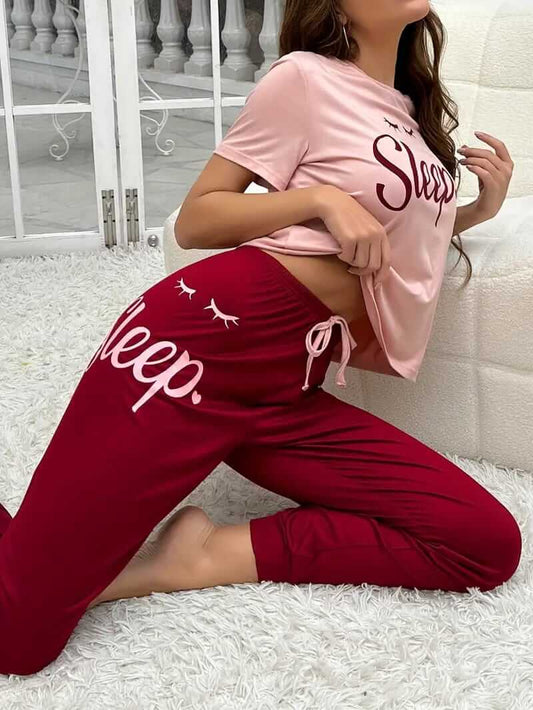 T-Pink Sleep Printed Half Sleeves T-Shirt with Maroon Sleep Printed Pajama (CN-PNW-041)