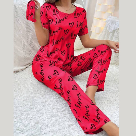 Dark Pink Love Printed Half Sleeves T-Shirt with Dark Pink Love Printed Pajama (CN-PNW-013)