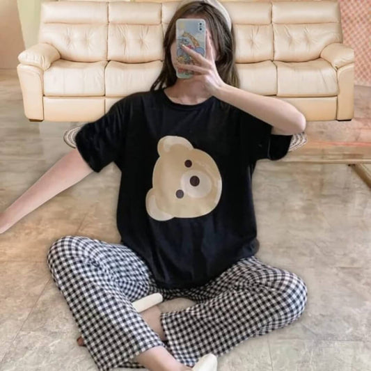 Black Bear Printed Half Sleeves T-Shirt with Cheq Printed Pajama (CN-PNW-010)