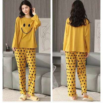 Yellow Smiley Printed Full Sleeves T-Shirt with Yellow Dot Printed Pajama (CN-PNW-004)