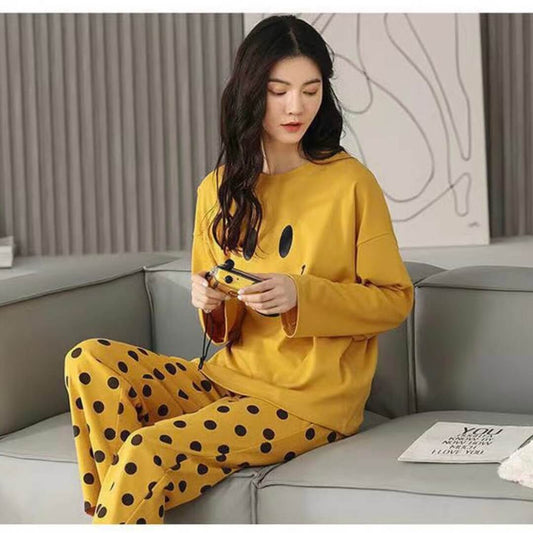Yellow Smiley Printed Full Sleeves T-Shirt with Yellow Dot Printed Pajama (CN-PNW-004)