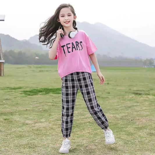 Baby Pink Tears with Cheq Printed Half Sleeves Suit For Kids ( CN-KPS-018 )
