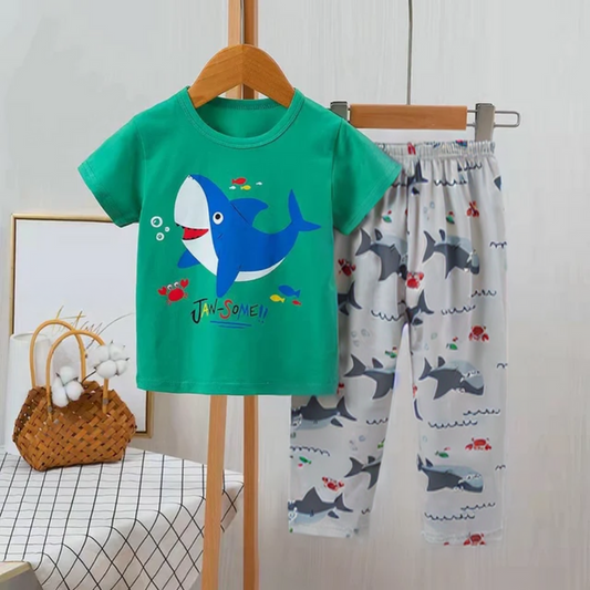 Green Shark with Grey Sharks Printed Half Sleeves Suit For Kids ( CN-KPS-019 )