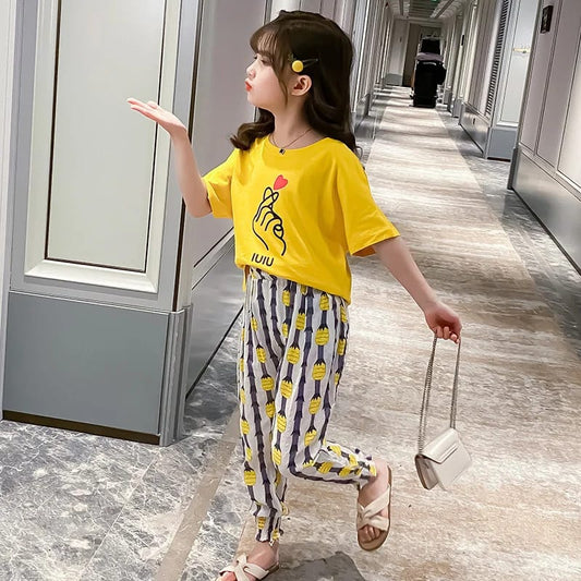 Yellow Charming Love with White Printed Half Sleeves Suit For Kids ( CN-KPS-020 )