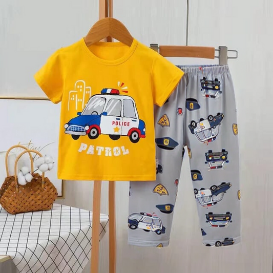 Yellow Petrol Police with Cars Printed Half Sleeves Suit For Kids ( CN-KPS-021 )