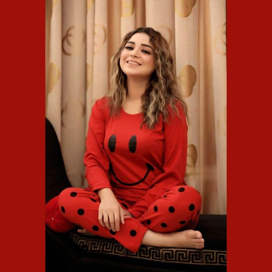 Red Smiley Printed Full Sleeves T-Shirt with Red Dot Printed Pajama (CN-PNW-005)